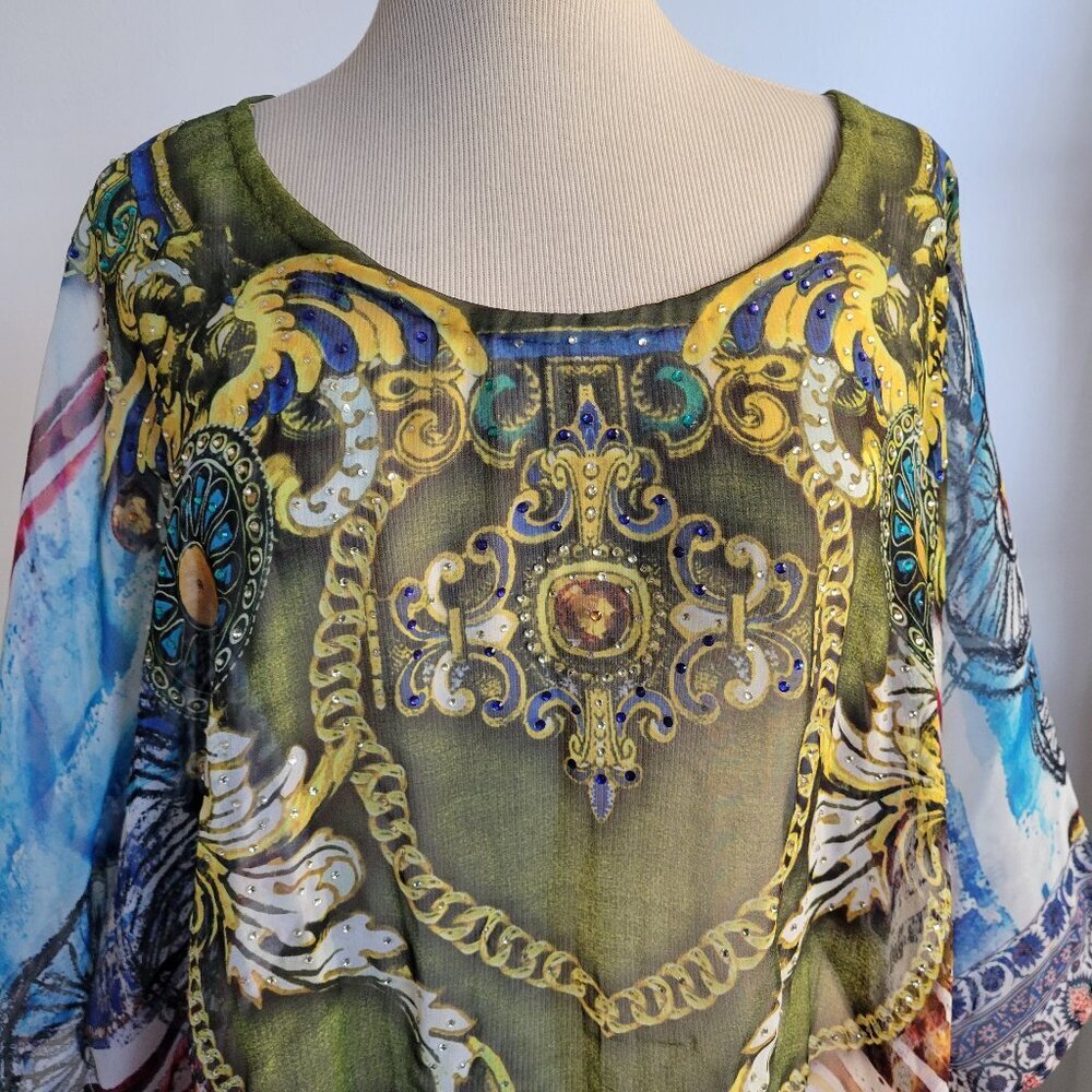 Alberto Malaki chiffon baroque print crystal kaftan cover-up (Size: Medium)